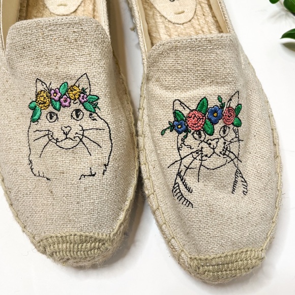 Soludos Espadrilles Cat Embroidered Beige Sandals Size 9.5 - Picture 2 of 10